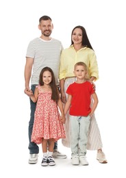 Photo of Lovely family posing together on white background
