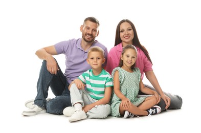 Photo of Lovely family posing together on white background