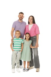 Photo of Lovely family posing together on white background