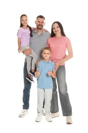 Photo of Lovely family posing together on white background
