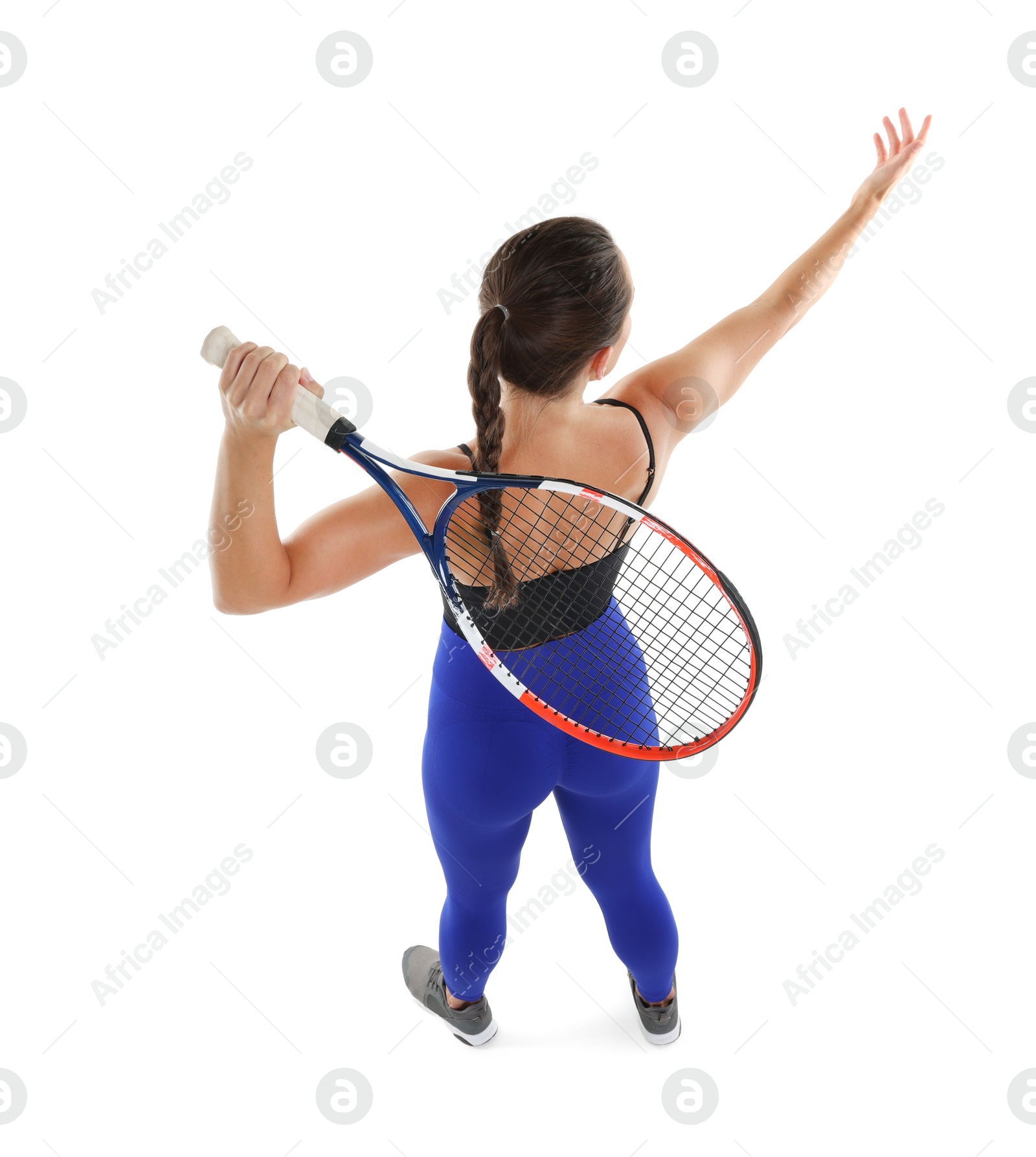 Photo of Woman with racket playing tennis on white background, above view