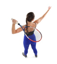 Photo of Woman with racket playing tennis on white background, above view