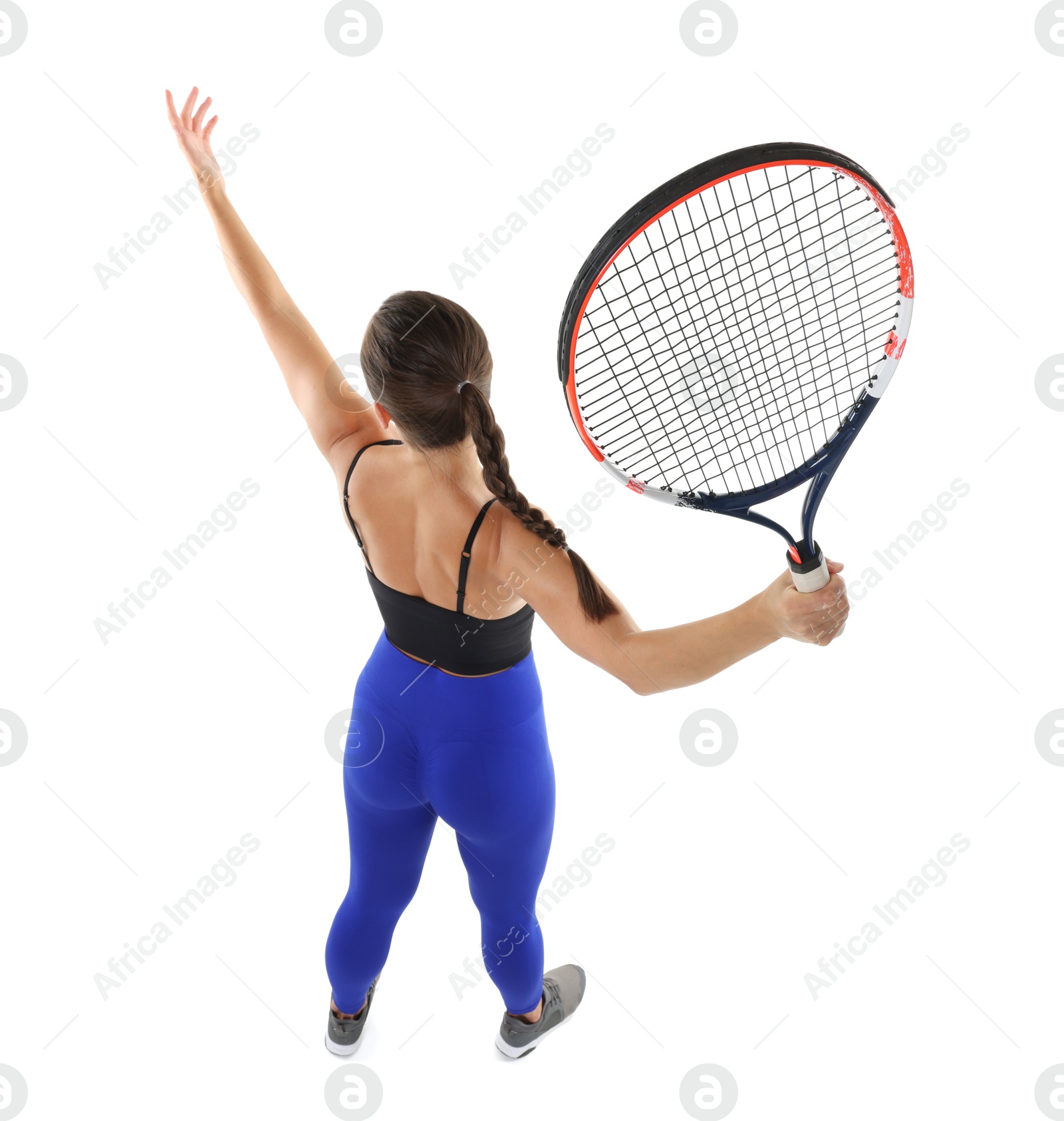 Photo of Woman with racket playing tennis on white background, above view