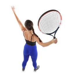 Photo of Woman with racket playing tennis on white background, above view