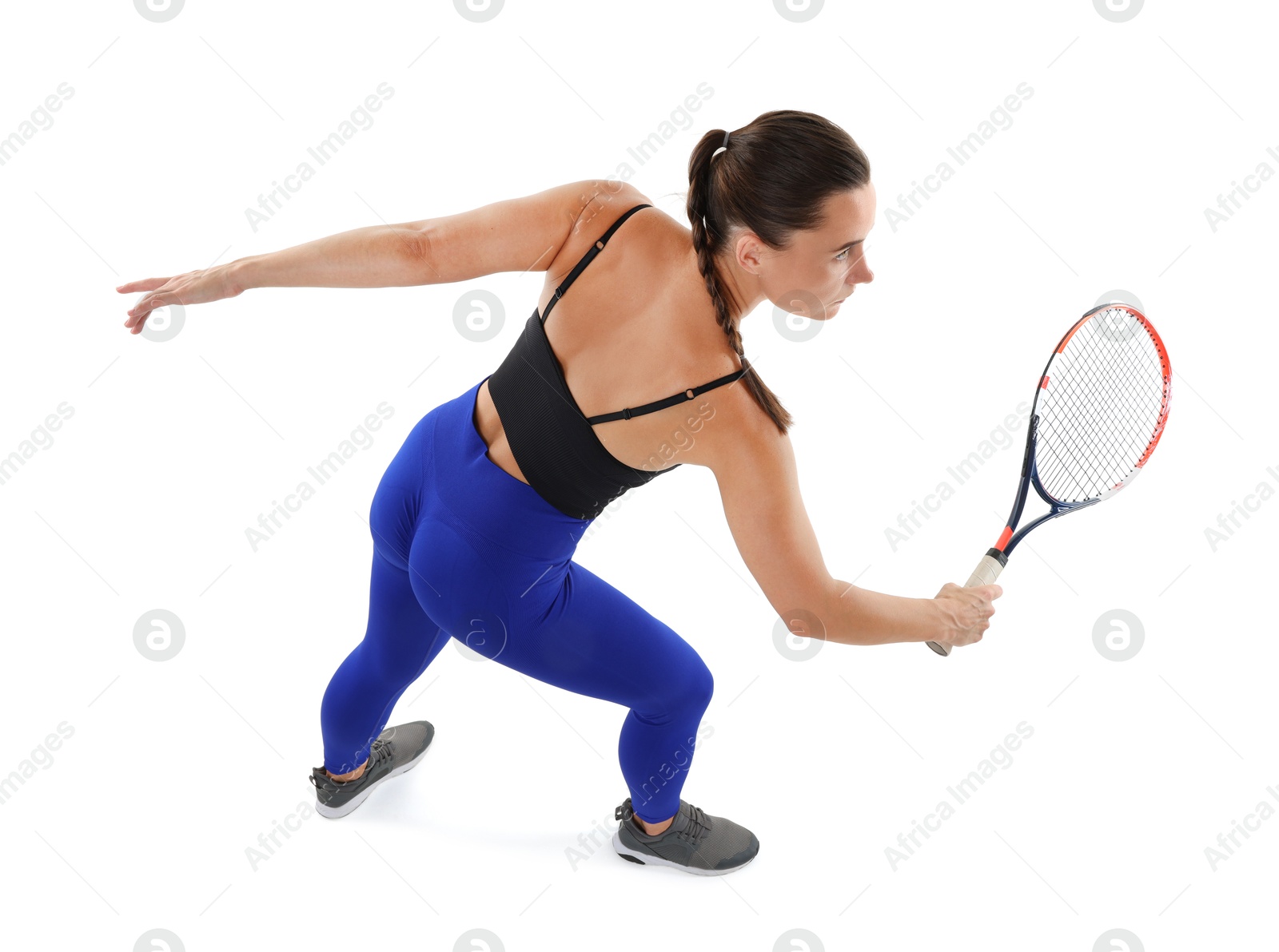 Woman with racket playing tennis on white background, above view Photo of Woman with racket playing tennis on white background, above view