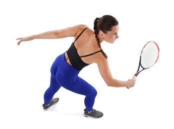 Photo of Woman with racket playing tennis on white background, above view