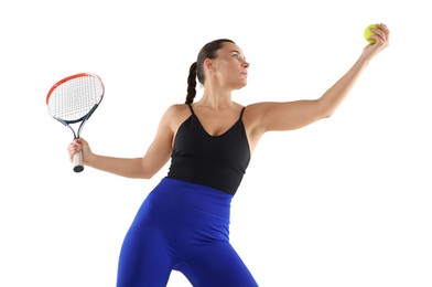 Photo of Woman with racket and tennis ball on white background, low angle view