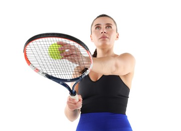 Photo of Woman with racket and tennis ball on white background, low angle view