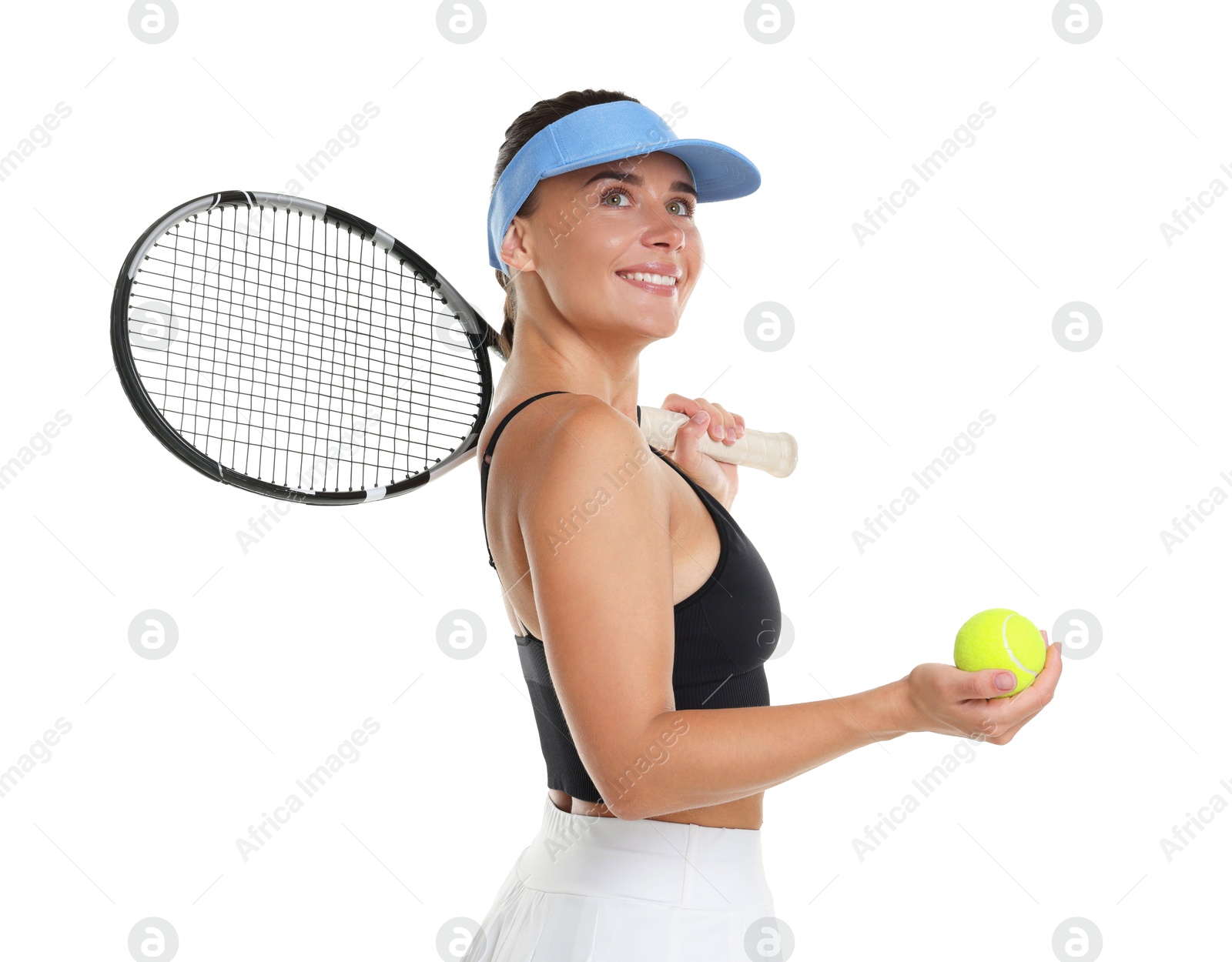 Woman with racket and tennis ball on white background Photo of Woman with racket and tennis ball on white background
