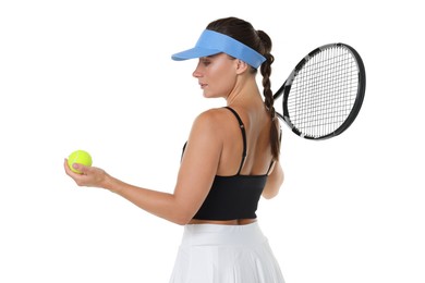 Photo of Woman with racket and tennis ball on white background