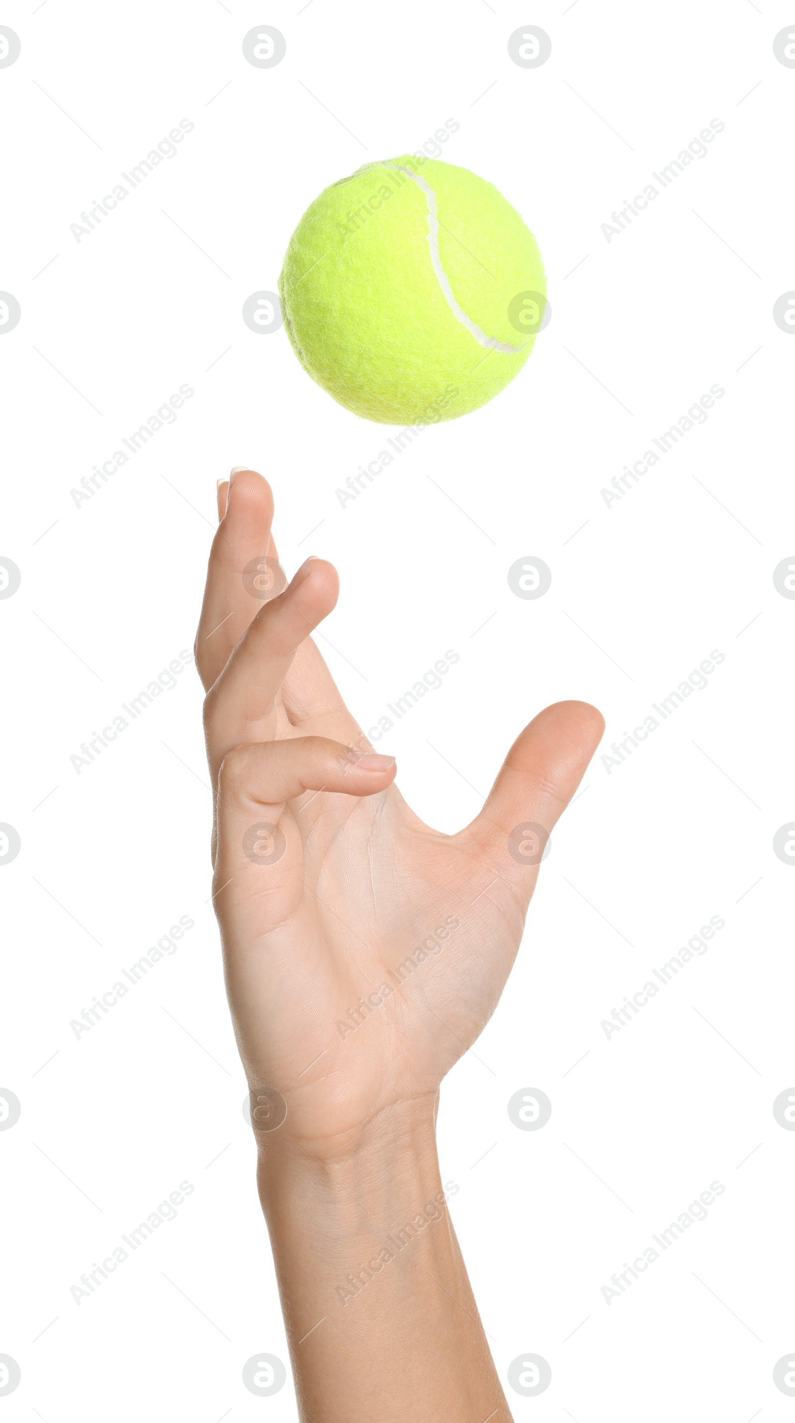 Photo of Woman with tennis ball on white background, closeup