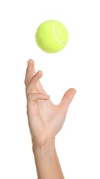 Photo of Woman with tennis ball on white background, closeup