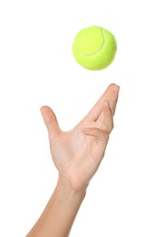 Photo of Woman with tennis ball on white background, closeup