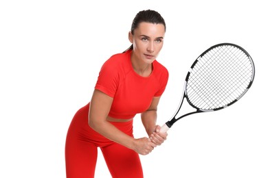 Photo of Woman with tennis racket on white background