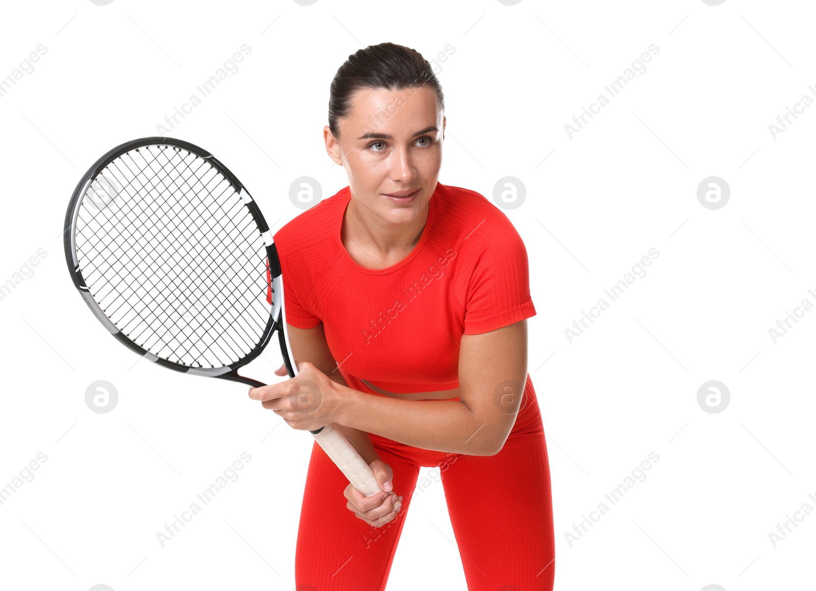 Woman with tennis racket on white background Photo of Woman with tennis racket on white background