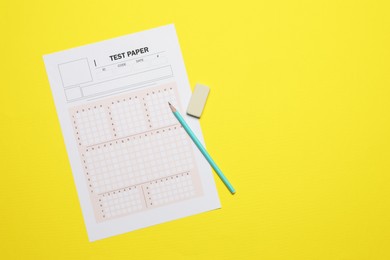 Photo of Student passing exam. Answer sheet, pencil and eraser on yellow background, flat lay. Space for text