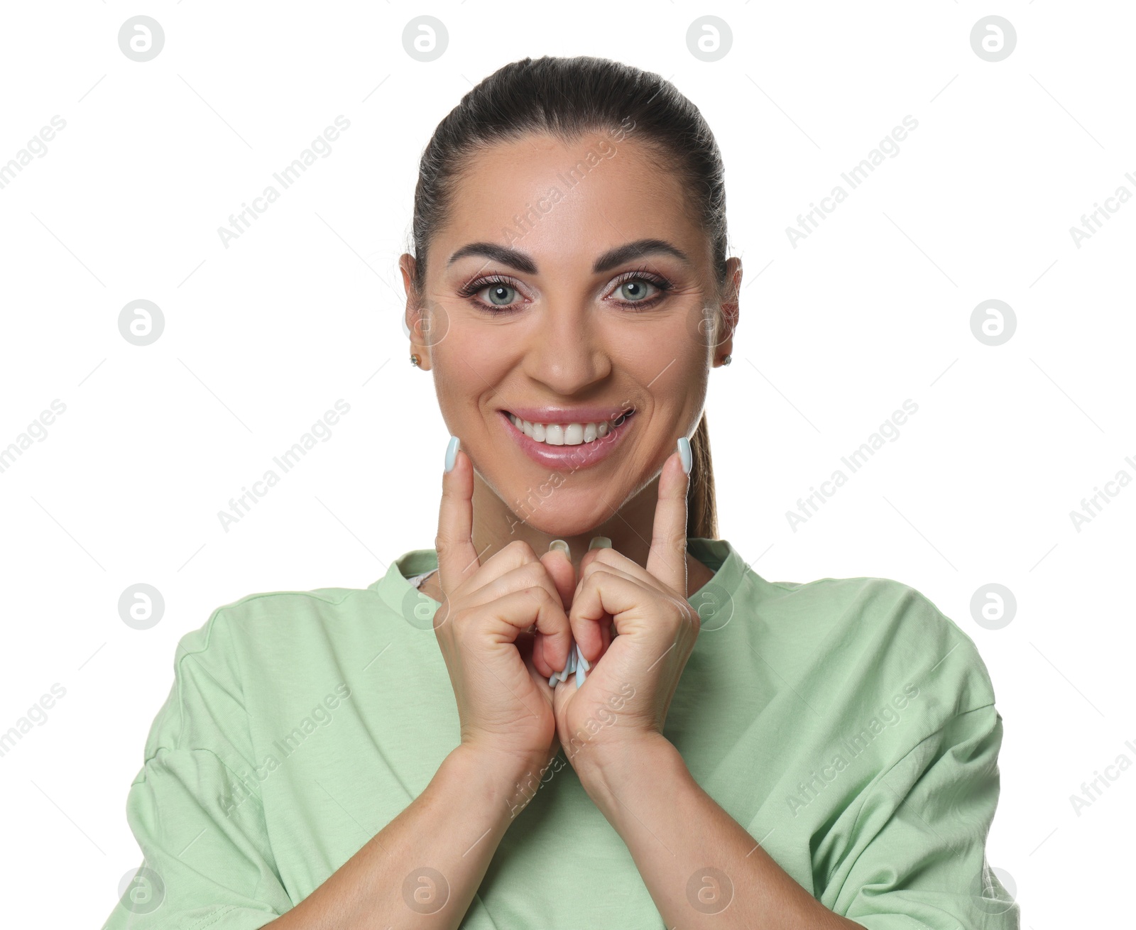 Photo of Woman with beautiful healthy teeth on white background