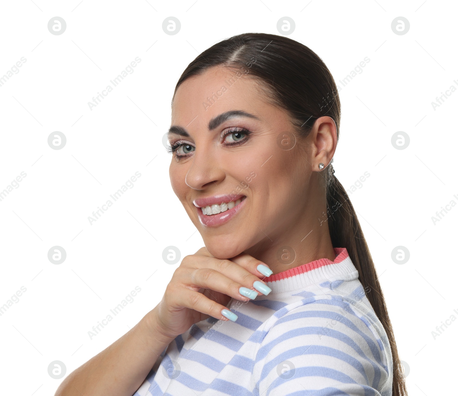Photo of Woman with beautiful healthy teeth on white background
