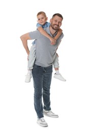 Photo of Father and son having fun on white background