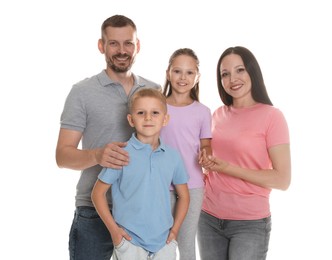 Photo of Portrait of happy family on white background