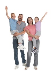 Photo of Happy family having fun on white background