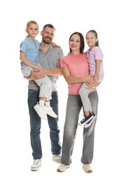 Photo of Lovely family posing together on white background