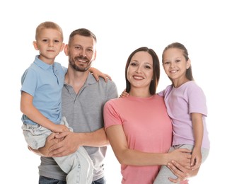 Photo of Portrait of happy family on white background