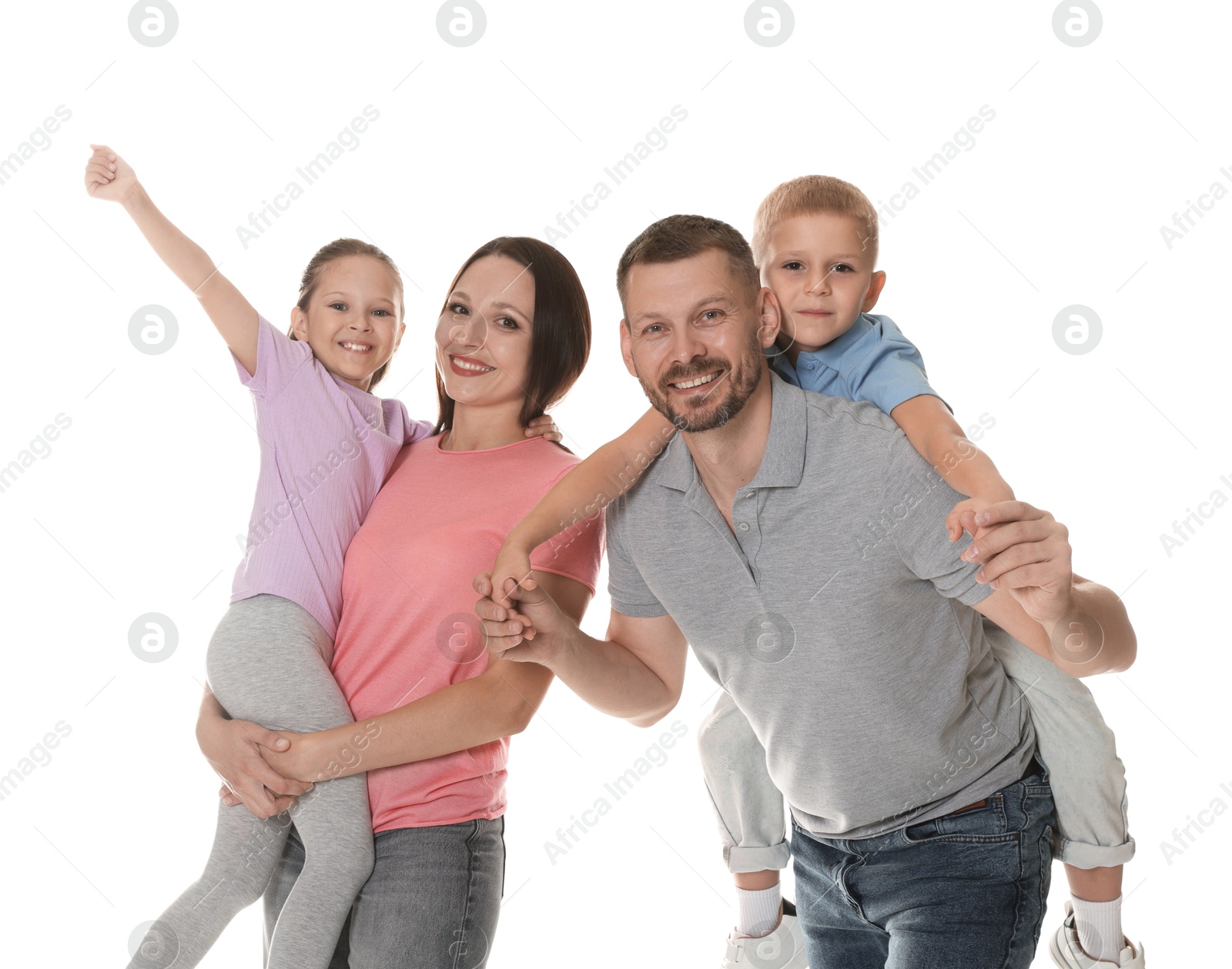 Photo of Happy family having fun on white background
