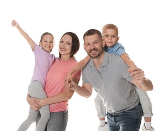 Photo of Happy family having fun on white background