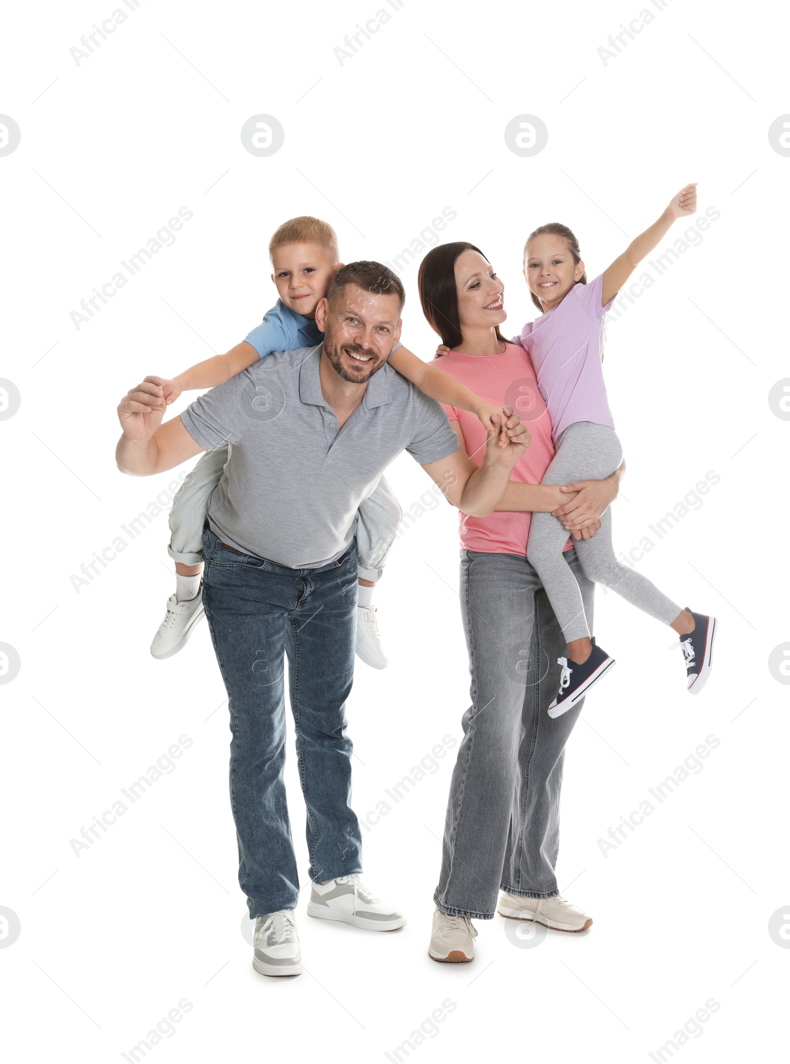 Photo of Happy family having fun on white background