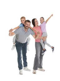 Photo of Happy family having fun on white background
