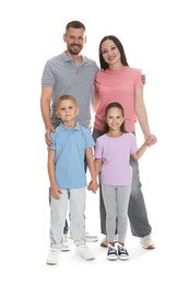 Photo of Lovely family posing together on white background