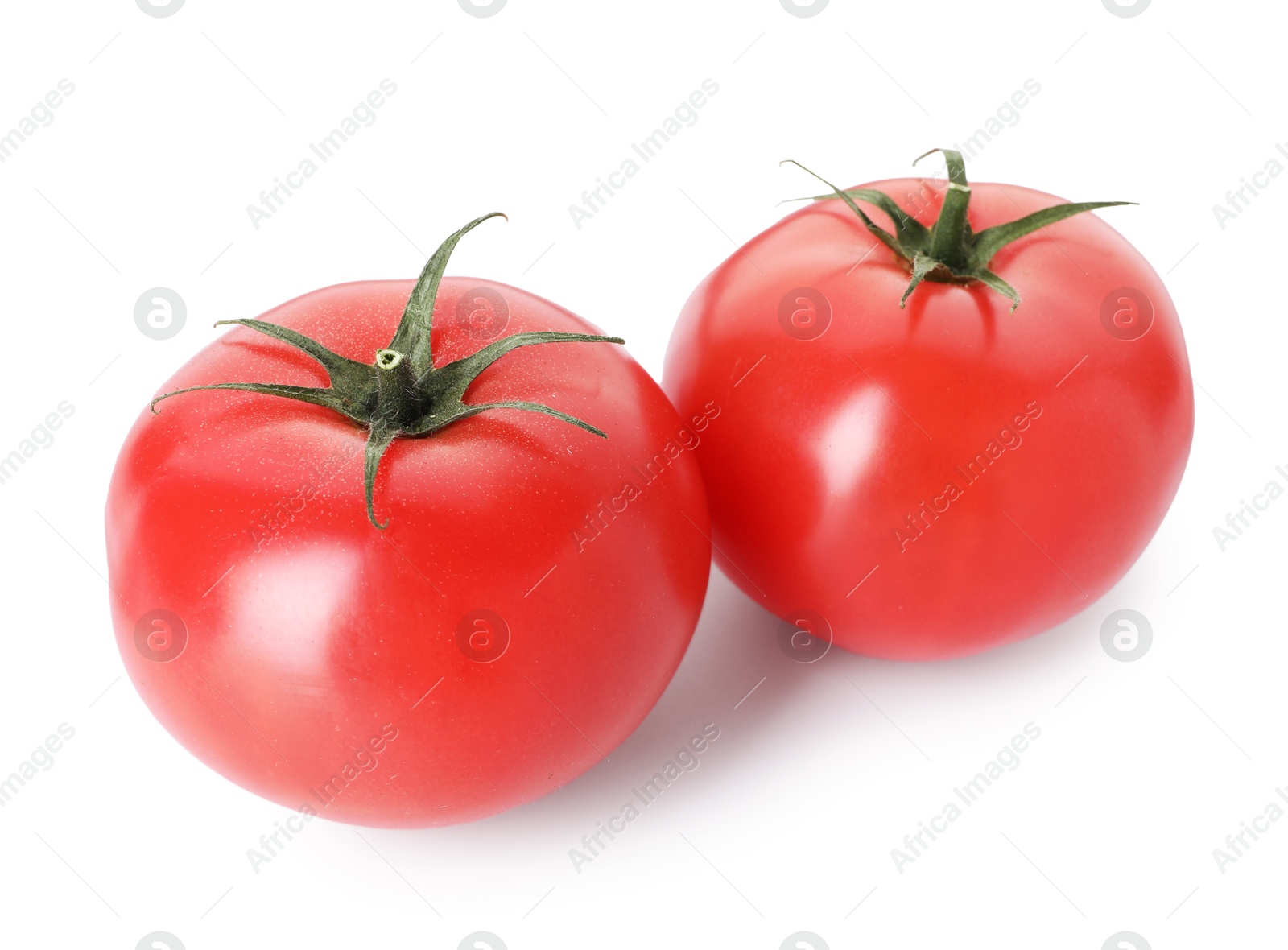 Two ripe red tomatoes isolated on white Photo of Two ripe red tomatoes isolated on white