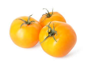Photo of Many ripe yellow tomatoes isolated on white