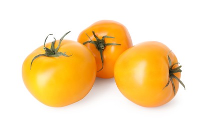 Photo of Many ripe yellow tomatoes isolated on white