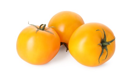 Photo of Many ripe yellow tomatoes isolated on white