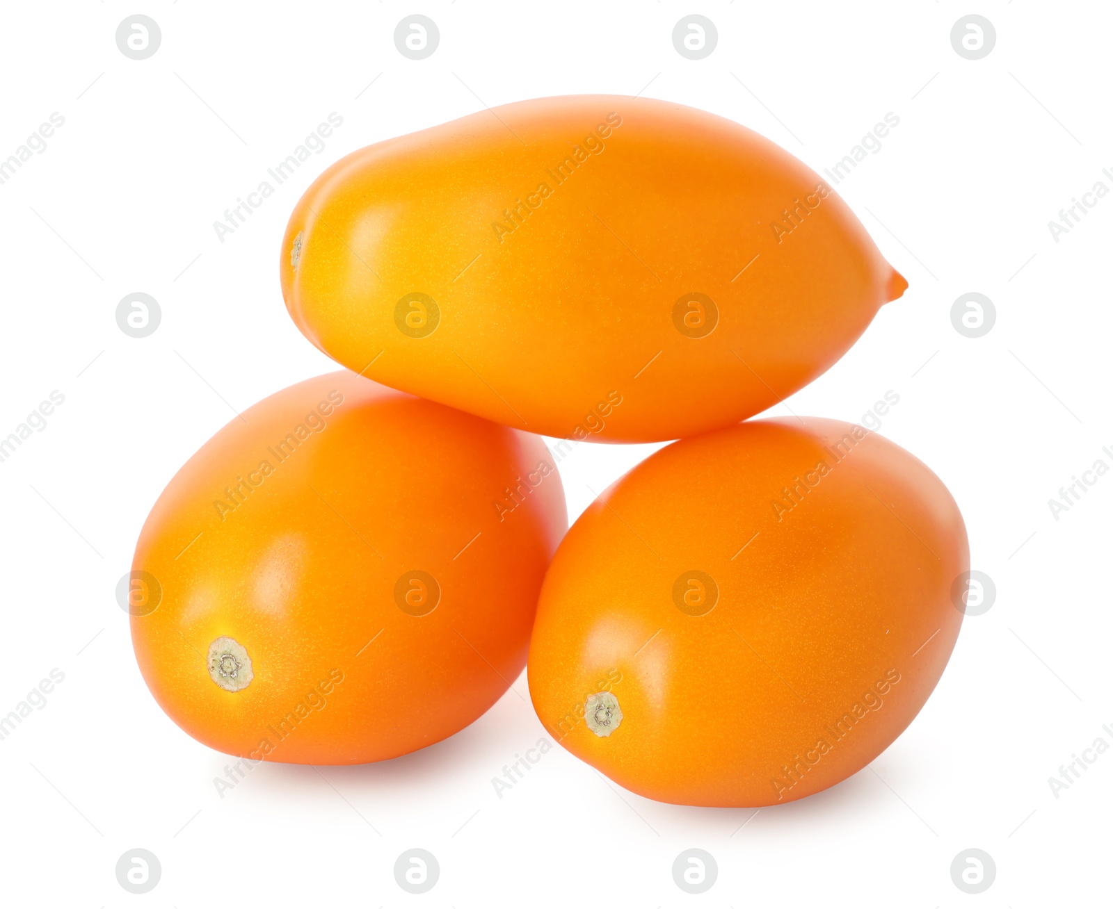 Photo of Many ripe yellow tomatoes isolated on white