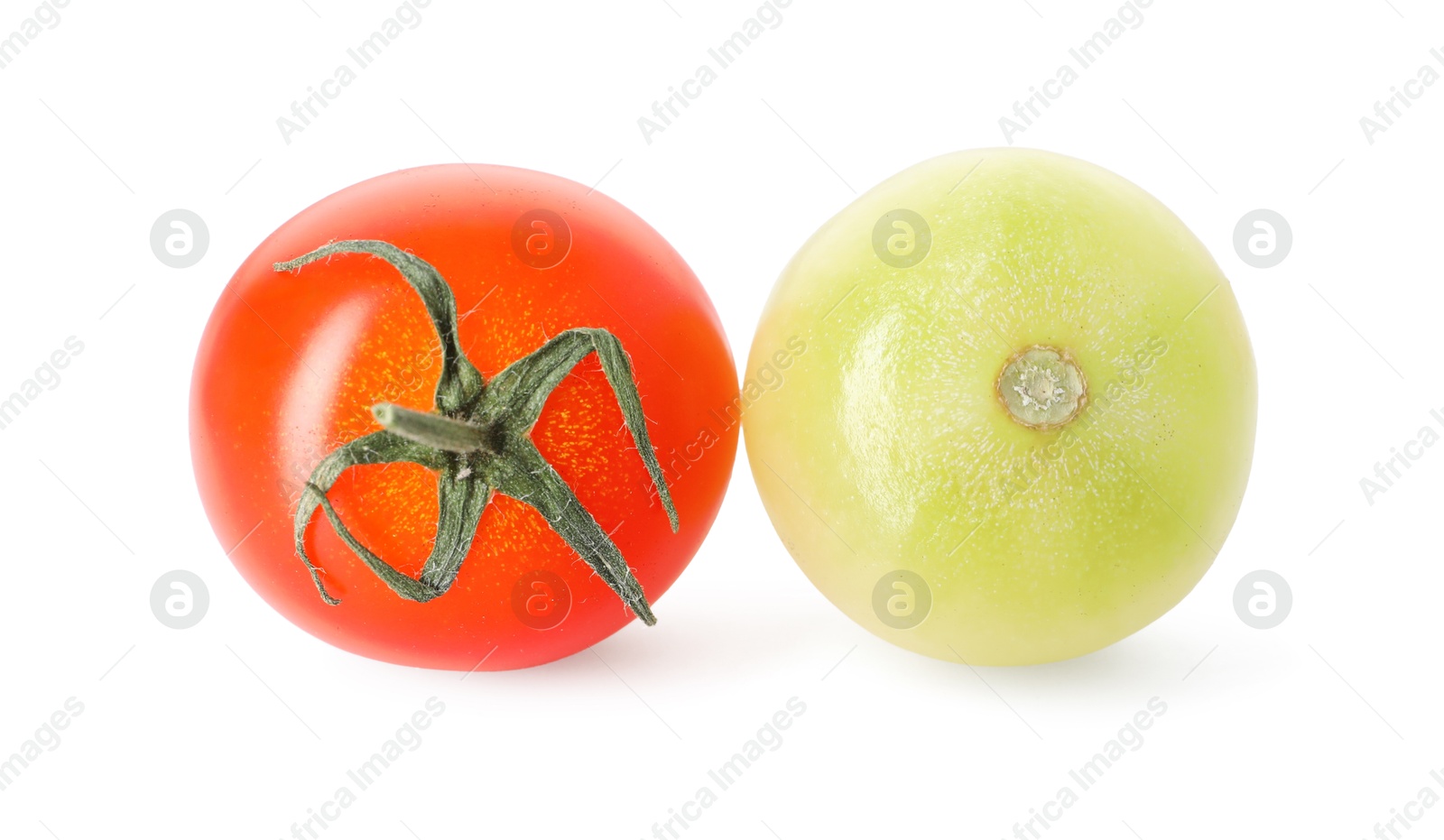 Photo of Ripe and unripe cherry tomatoes isolated on white