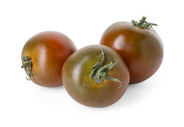 Photo of Many ripe brown tomatoes isolated on white