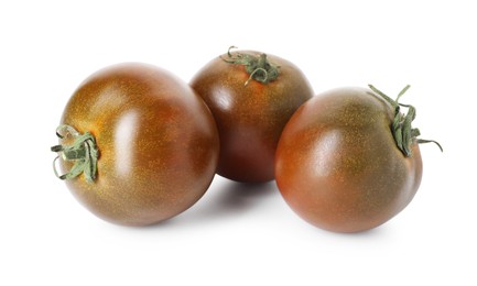 Photo of Many ripe brown tomatoes isolated on white