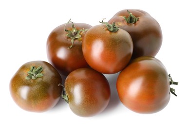 Photo of Many ripe brown tomatoes isolated on white