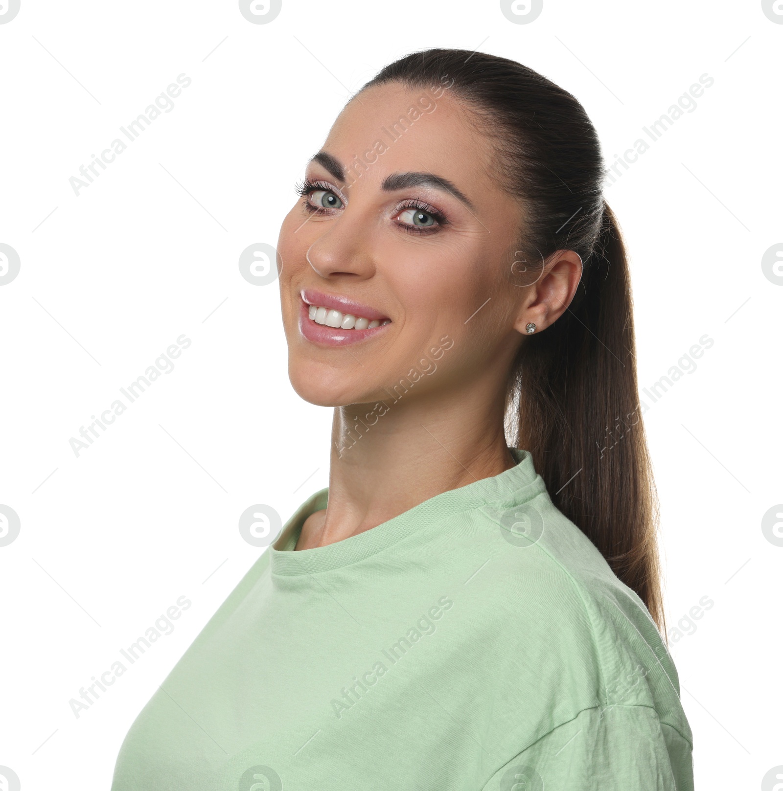 Woman with beautiful healthy teeth on white background Photo of Woman with beautiful healthy teeth on white background