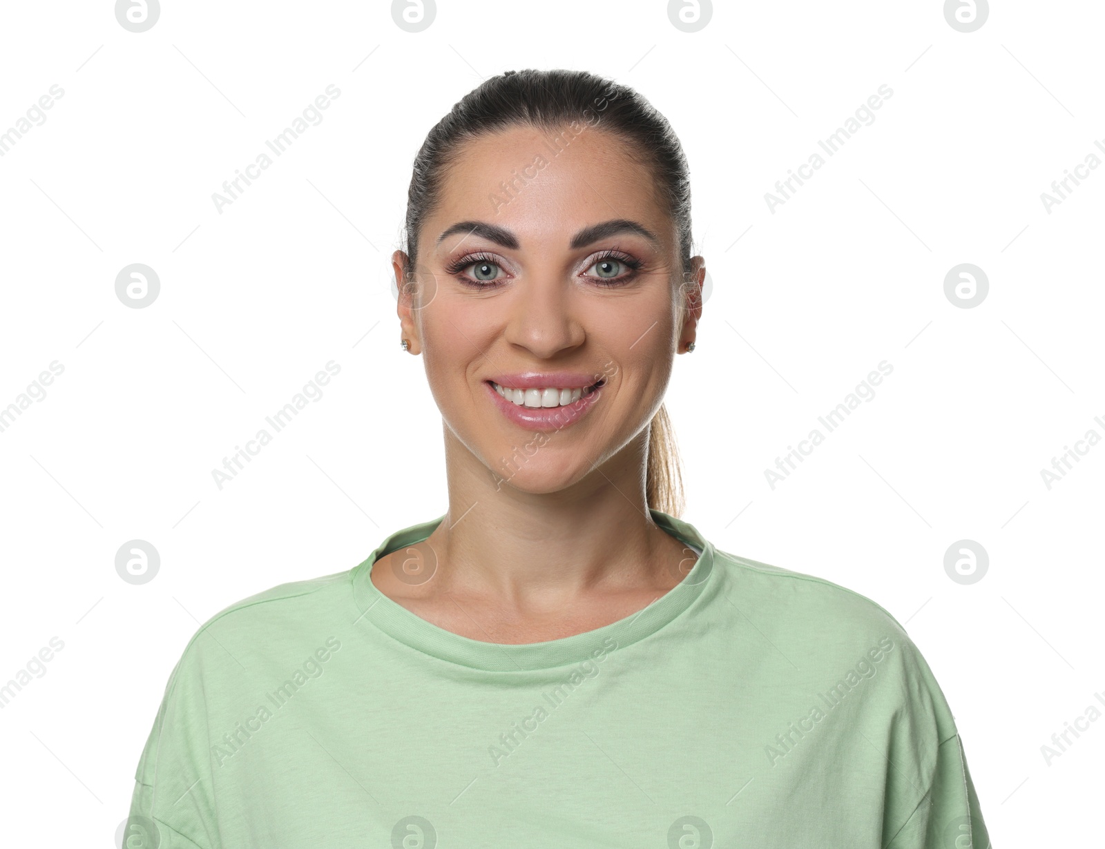 Woman with beautiful healthy teeth on white background Photo of Woman with beautiful healthy teeth on white background