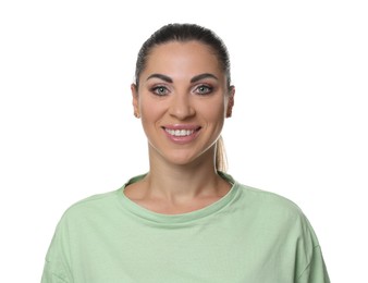 Photo of Woman with beautiful healthy teeth on white background