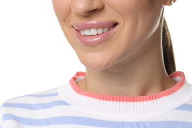 Photo of Woman with beautiful healthy teeth on white background, closeup