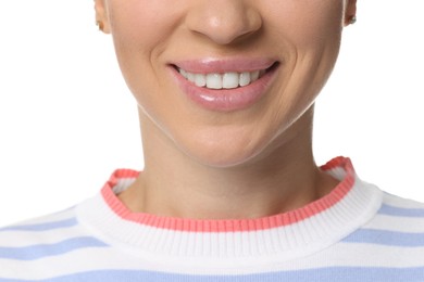 Photo of Woman with beautiful healthy teeth on white background, closeup