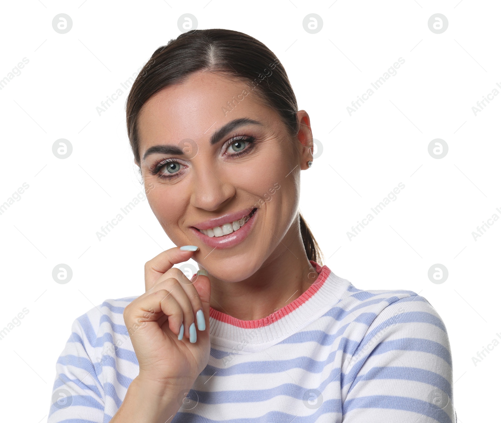 Woman with beautiful healthy teeth on white background Photo of Woman with beautiful healthy teeth on white background