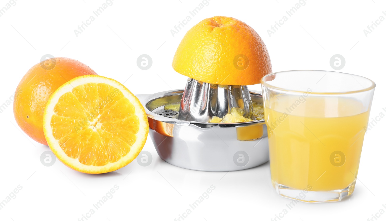 Freshly squeezed orange juice, fruits and juicer isolated on white Photo of Freshly squeezed orange juice, fruits and juicer isolated on white