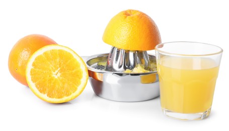 Photo of Freshly squeezed orange juice, fruits and juicer isolated on white