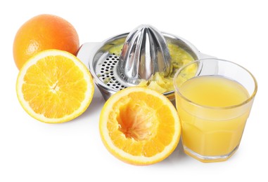 Photo of Freshly squeezed orange juice, fruits and juicer isolated on white